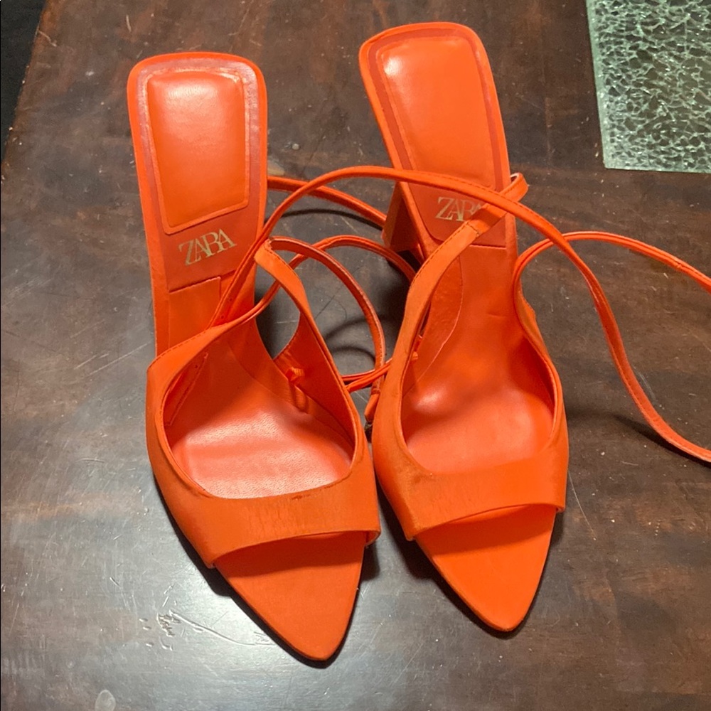 Zara Bright Orange Pointed Lace-Up Heels